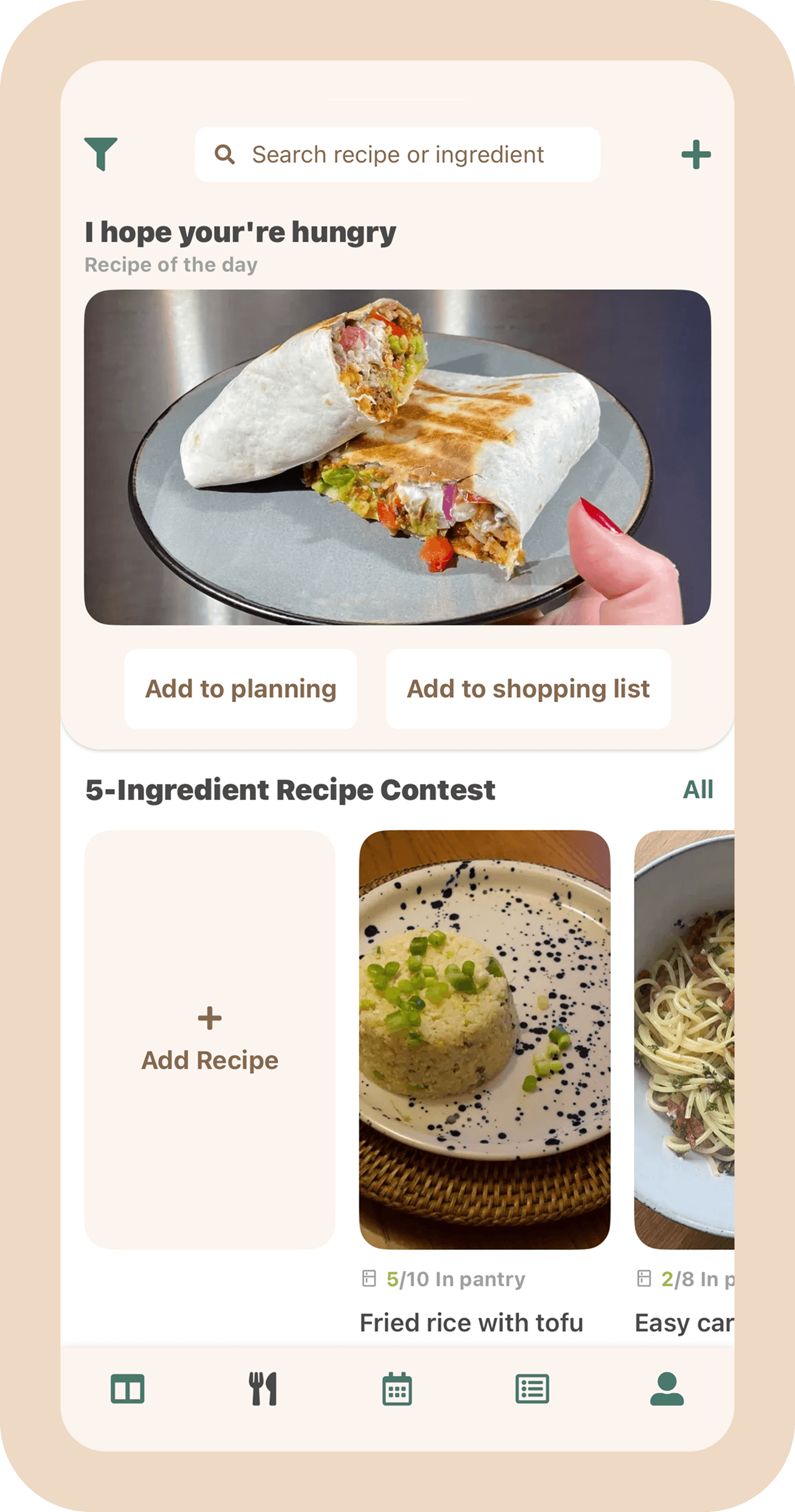 Screenshot of the recipe overview screen