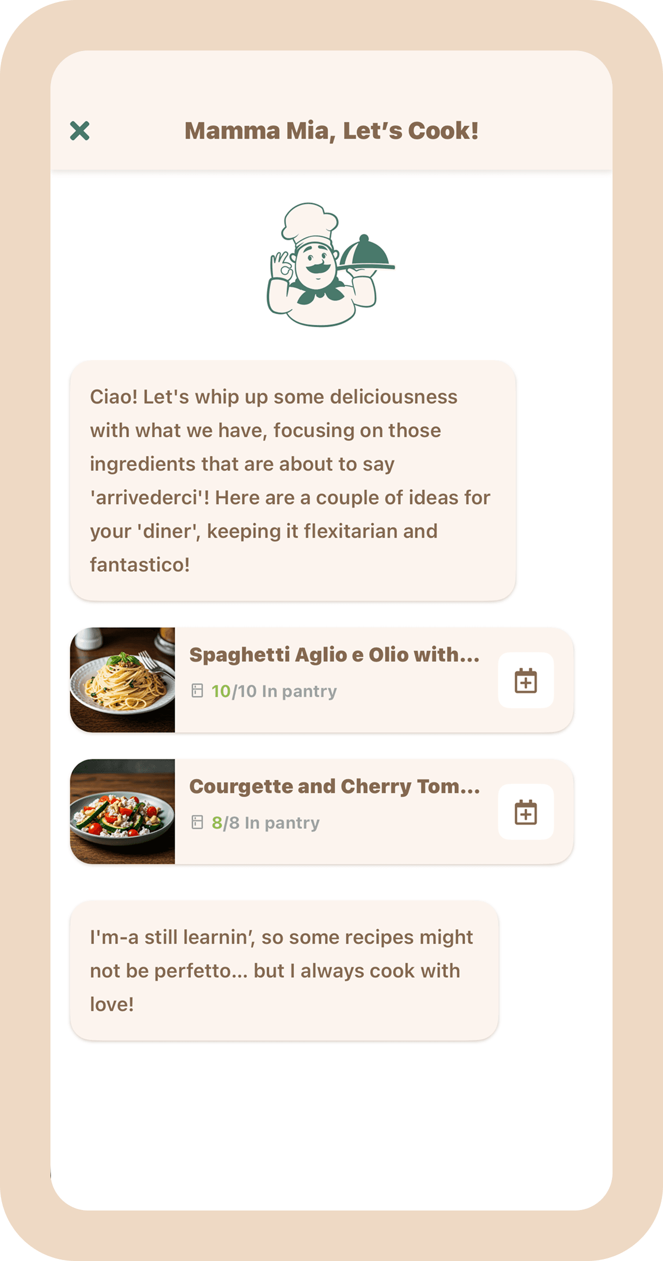 Screen shot of the ai chef functionality