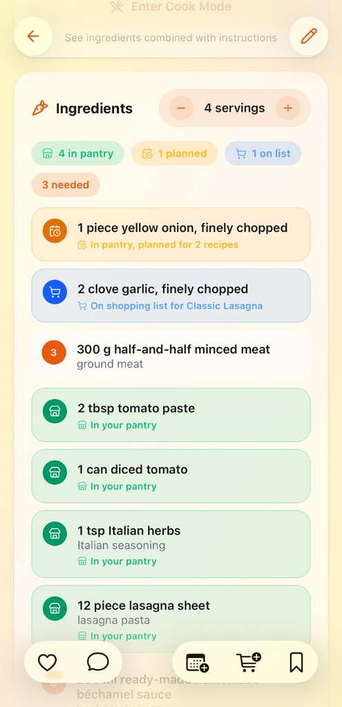 Recipe ingredients marked as in your pantry