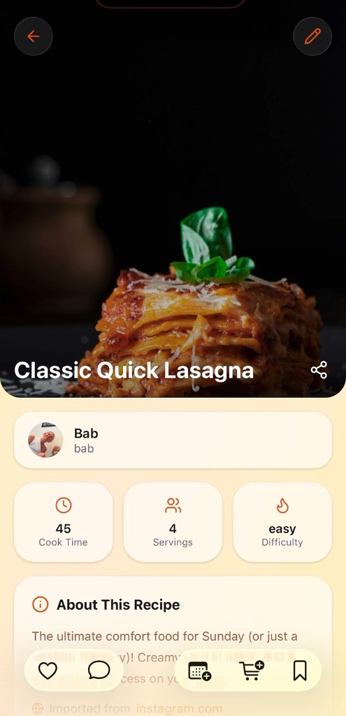 Imported Instagram recipe opened in Yvy