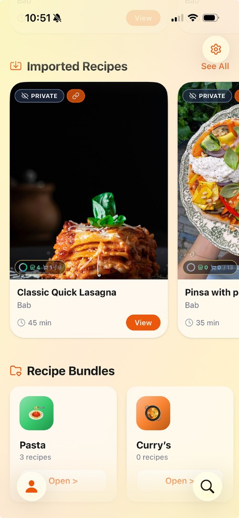 Imported recipes organized into bundles