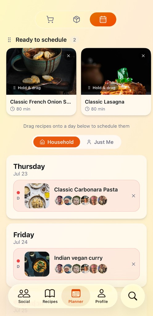 Meal planner with household dinners