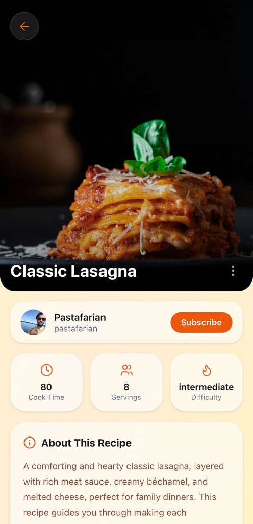 Recipe detail for a classic lasagna