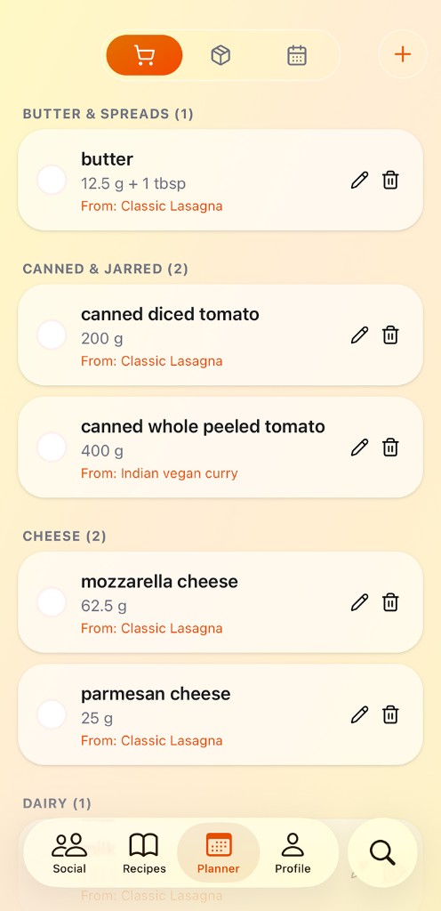 Shared shopping list grouped by category