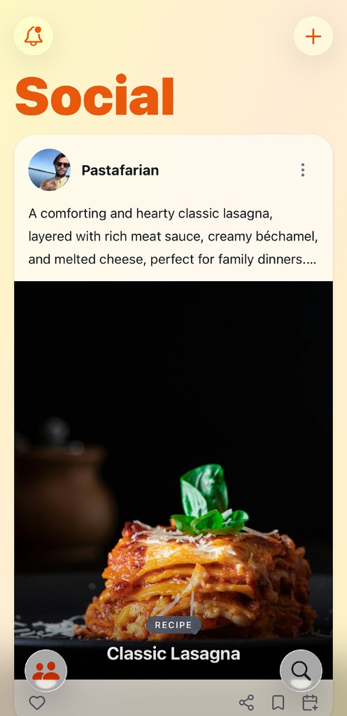 Yvy social feed with a lasagna recipe post